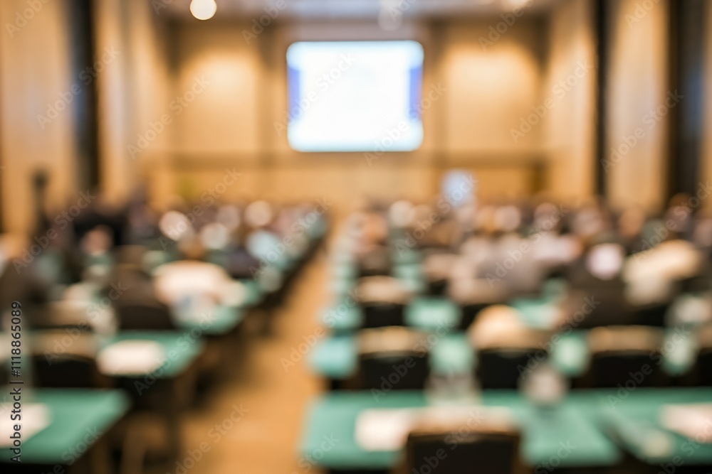 Poster blurry image of a large conference room with many attendees seated at tables.
