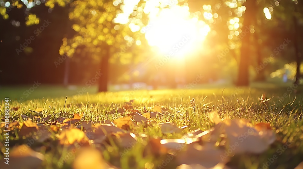 Aufkleber Golden Sunlight Filtering Through Autumn Trees Creating Warm and Inviting Forest Atmosphere : Generative AI