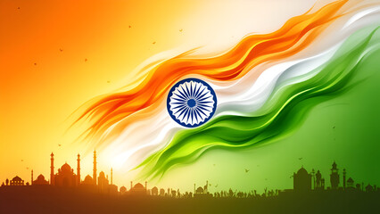 Indian tricolour flag wavey illustration, tricolour brush paint, background for Republic day of India, Independence day, 26 January and 15 August, Indian architecture.