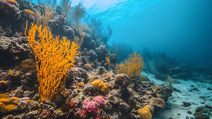 Obraz premium Vibrant Coral Reef Ecosystem Under Clear Ocean Water with Colorful Marine Life : Generative AI