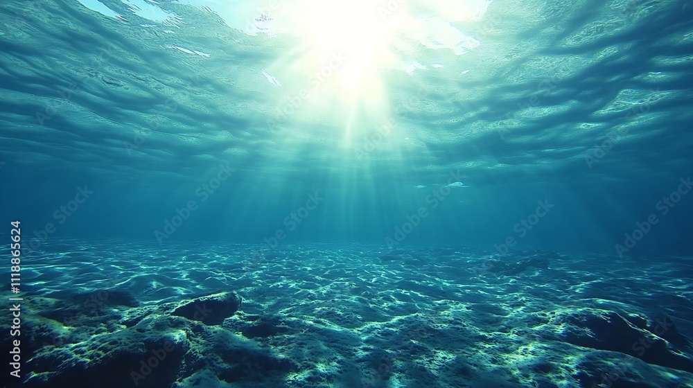 Poster underwater ocean view with sunlight streaming through waves : generative ai