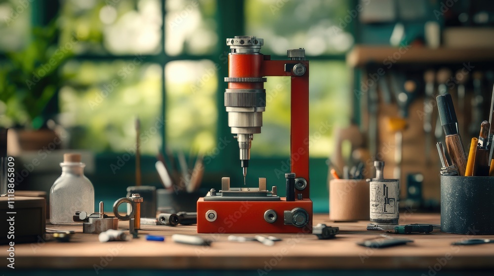 Poster precision tool on workbench in well-lit workshop environment
