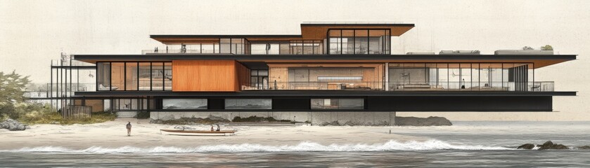 Fototapeta premium Modern oceanfront house design coastal beach architectural rendering serene environment elevated viewpoint contemporary concept