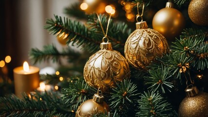 Golden garland adorns lush christmas tree branches