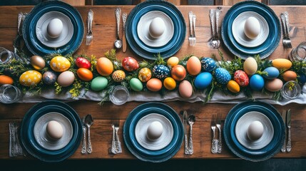 Festive Easter Table Setting with Colorful Eggs and Plates