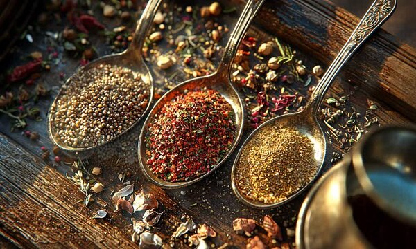 Three spoons filled with various spices on a rustic wooden surface.