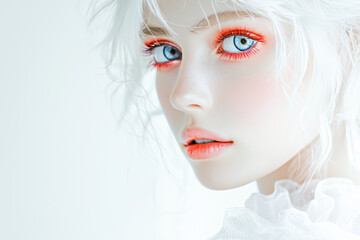 Fototapeta premium Close up portrait of a beautiful pale blonde female model. Minimal concept of beauty, cosmetics and fashion. Copy space
