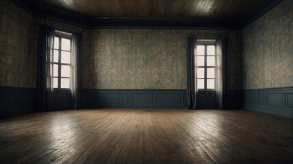 Grunge empty room with vintage wallpaper and parquet flooring
