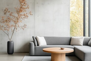 Modern living room featuring a gray sofa and an elegant round wooden coffee table with a natural decor touch
