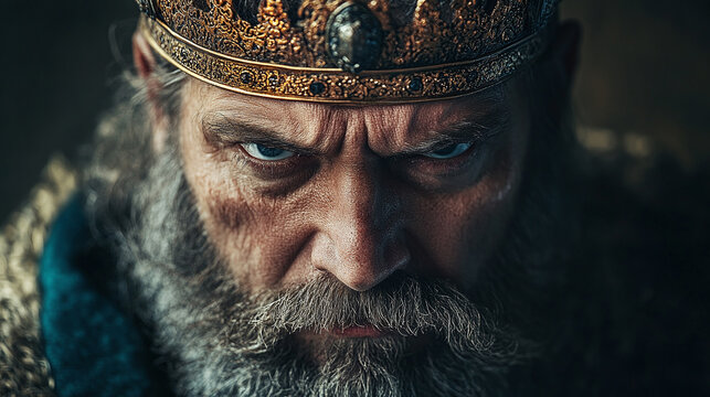 Wrathful angry king man, formidable medieval beard emperor monarchy, imperious royalty wicked ruler crown, fierce powerful intimidating, aggressive dominant warrior.