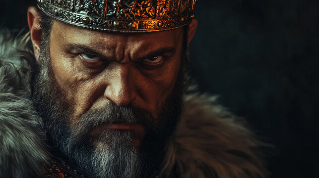 Wrathful angry king man, formidable medieval beard emperor monarchy, imperious royalty wicked ruler crown, fierce powerful intimidating, aggressive dominant warrior.