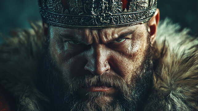Wrathful angry king man, formidable medieval beard emperor monarchy, imperious royalty wicked ruler crown, fierce powerful intimidating, aggressive dominant warrior.