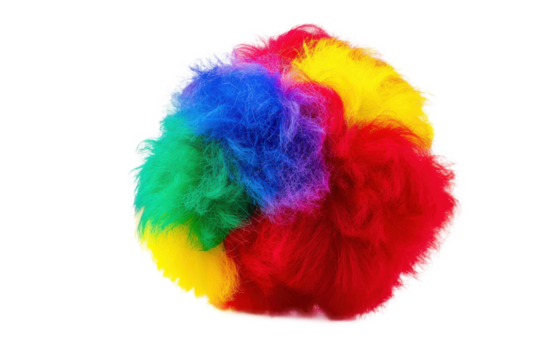 A rainbow clown wig is displayed 