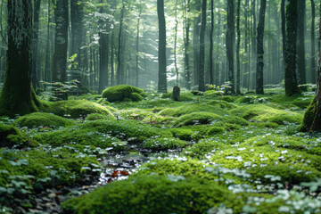 Fototapeta premium sunny forest landscape. Soft rays of light shine through the tall trees, illuminating the bright green moss that covers the ground. 