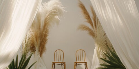 Wedding aisle with two chairs in front of white drapes and floral decorations.