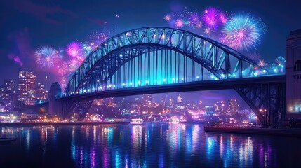 Obraz premium Vibrant Fireworks Display Above Iconic Bridge at Nighttime Scene