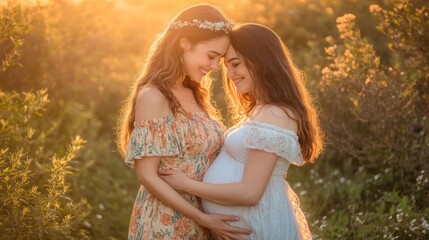 Fototapeta premium Two women embracing in a sunlit field, celebrating pregnancy.