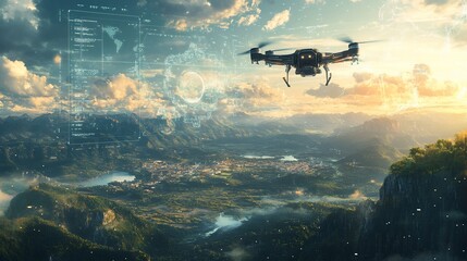 Naklejka premium Drone flying over a valley town at sunrise with holographic overlays.