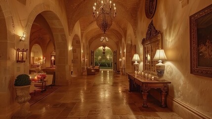 Luxurious arched hallway with stone walls, hardwood floors, and elegant furniture.