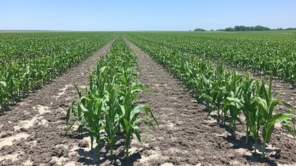 Fototapeta premium Lush Green Cornfield Under Clear Blue Sky in Vast Landscape