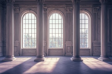 Fototapeta premium A room with columns and a large window is captured in a professional photograph.