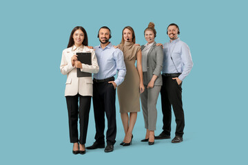 Obraz premium Team of technical support agents on blue background