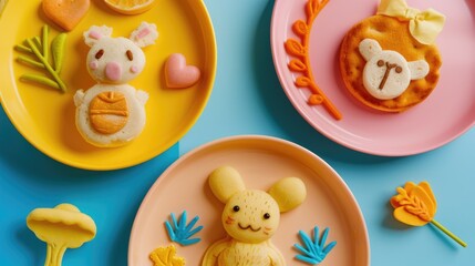 Fototapeta premium Three plates of food with animal faces on them. The plates are arranged in a row and are on a blue background
