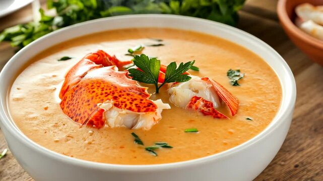 Lobster bisque served in a white bowl garnished with fresh herbs on a rustic wooden table