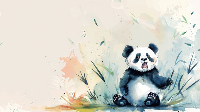Humorous watercolor poster of a clumsy panda in a playful nature setting