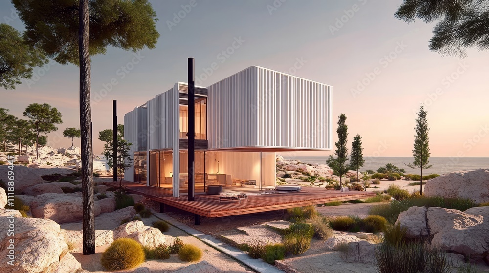 Poster modern prefabricated home with sea view. sustainable building and modular architecture design.