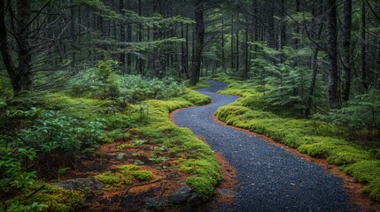 Fototapeta premium Winding path through lush, mossy forest.