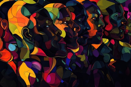 A colorful abstract illustration celebrates Black History Month, promoting unity and history.