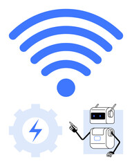 wireless symbol robot pointing, gear with lightning bolt for power. Ideal for tech, automation, robotics, AI, connectivity, innovation, industrial themes. Line metaphor