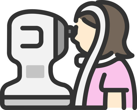 recommend clip art: 眼圧検査を受ける、女性のアイコン（線画カラー）のイラスト