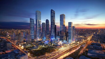 Fototapeta premium Stunning aerial cityscape at sunset, showcasing skyscrapers, highways, and city lights.