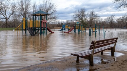 Flooded playground with submerged play structures and a lonely bench on the shore.