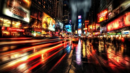 Obraz premium Night cityscape with vibrant lights, blurred motion, and rain-slicked streets.