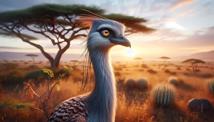 ostrich head close up portrait of a parrot, with bright hazel eyes, in the background the Serengeti in soft dawn light, created with generative artificial intelligence.
