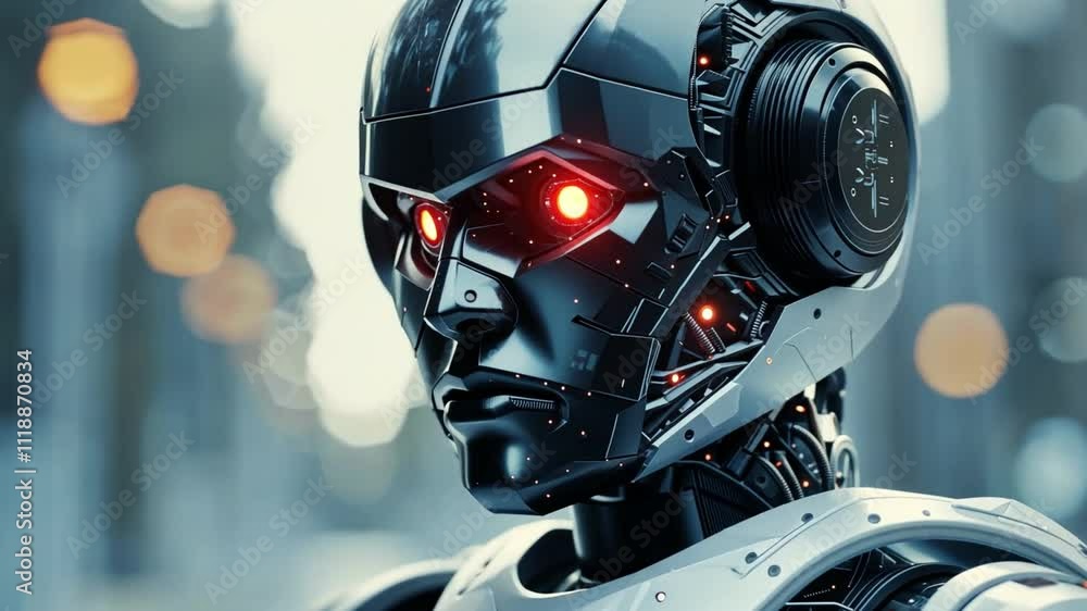 Aufkleber An advanced AI robot with glowing red eyes stands against a backdrop of modern city lights. The sleek design and intricate details highlight the evolution of robotics in today's society.
