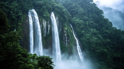 Naklejka premium Triple waterfall cascading down a lush green cliff face, mist rising.