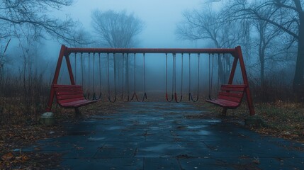 Fototapeta premium Empty red swing set in a foggy forest park.