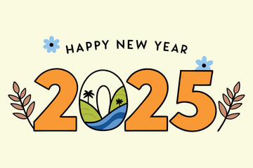 A vibrant Happy New Year 2025 illustration with bold letters and decorative leaves and flowers for a cheerful greeting