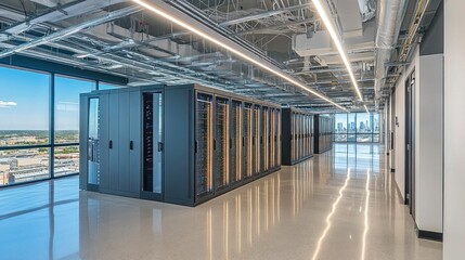 Obraz premium Modern server room with city view, sleek design, polished floors, and high ceilings.