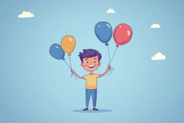 Seize the day. A cheerful boy holds colorful balloons against a bright blue sky with fluffy clouds, embodying joy and celebration.