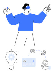 Person using VR headset pointing and interacting with financial elements - gears in lightbulb, credit card, currency exchange, dollar coin in hand. Ideal for fintech, digital payments, innovation