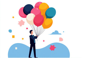 Seize the day. A businessman joyfully holds colorful balloons against a whimsical background, symbolizing celebration and positivity.