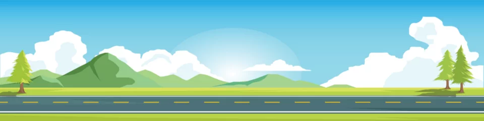 Gardinen Horizontal or landscape of smooth asphalt road. On the wide grassland. There were grasses and tree of pine growing on both sides. Softe color of mountain and blue sky with white clouds. © thongchainak