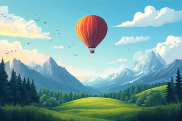 Fototapeta premium Seize the day. A vibrant hot air balloon floats above a scenic landscape of mountains and lush greenery, under a bright blue sky dotted with fluffy clouds.