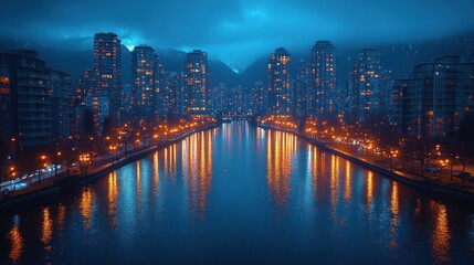 Fototapeta premium Night cityscape with illuminated buildings reflected in calm water.