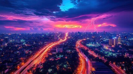 Fototapeta premium Dramatic sunset with lightning over a vibrant city highway at night.